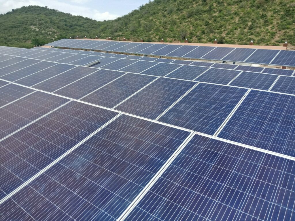 a large group of solar panels in a field dom ekologiczny