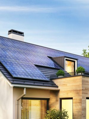 Solar panels on the gable roof of a modern house