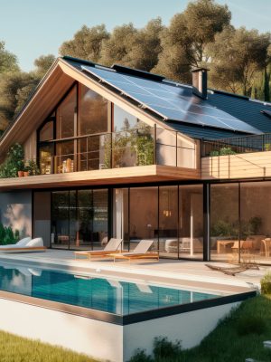 photovoltaic solar panels in modern house roof. Alternative and Renewable energy concept. generative ai