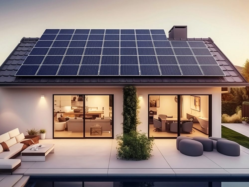 Photovoltaic solar panels in modern house roof. Alternative and Renewable energy concept. Generative AI technology.